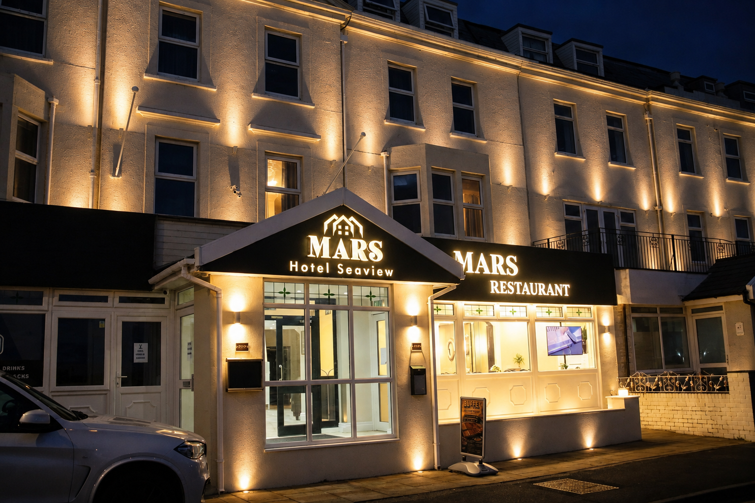 Night exterior of Mars Hotel Seaview